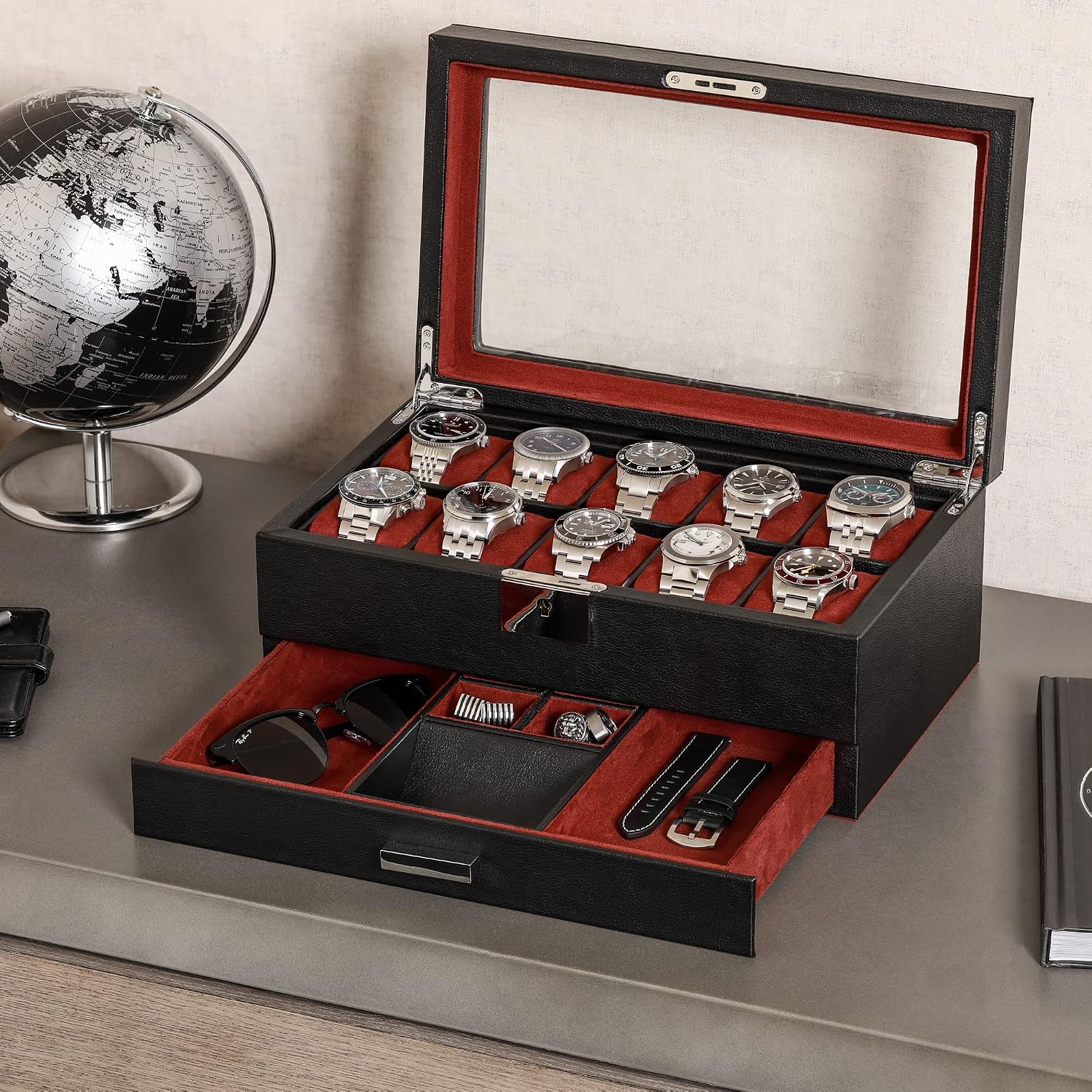 10-Slot Watch Box in Leather w - Luxury Watch Display 评论和价格